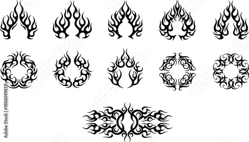 Tribal flame ornaments and circular fire emblems set in black, tattoo style decorative symbols isolated on white background for design use