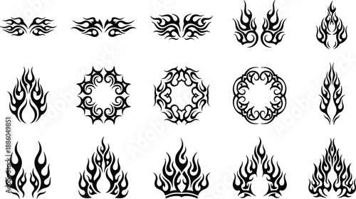 Tribal flame ornament silhouettes set in black, decorative fire symbols and circular tattoo style elements isolated on white background
