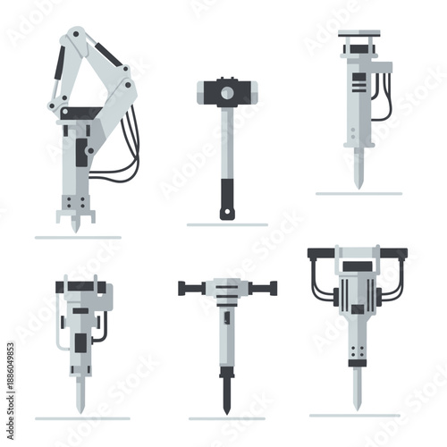 Industrial Demolition Power Tools Collection Flat Design Heavy Construction Equipment Graphics Set