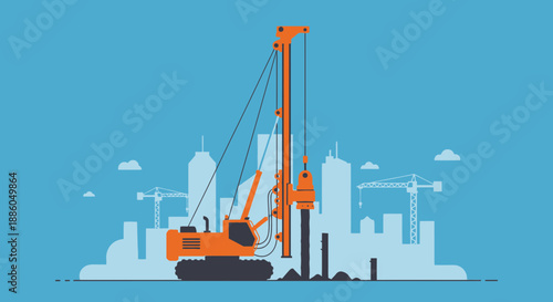 Heavy Piling Machine On Urban Construction Site Building Development Vector Art