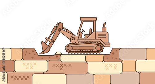 Heavy Equipment Working On A Construction Site Vector Illustration Of A Digger In Action And