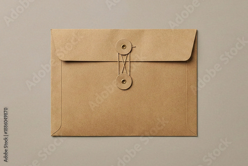 Closed brown kraft paper envelope with string and washer button tie closure