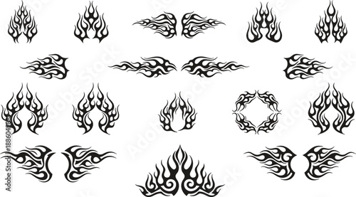 Tribal flame silhouettes collection in black, tattoo style fire wings, borders, emblems and ornaments isolated on white background