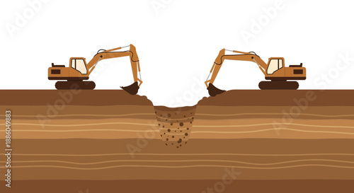 Heavy Excavation Equipment Digging Earth For Construction Project Site Work Development