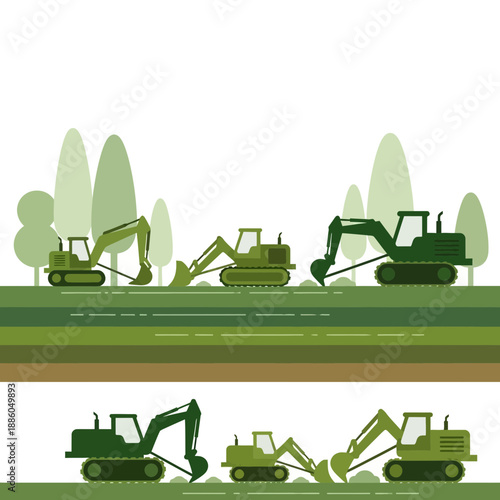 Heavy Equipment Working On Landscape Development Vector Illustration With Trees