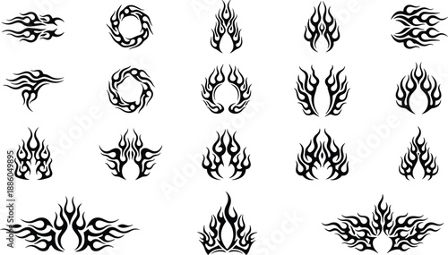 Tribal flame silhouette icons set in black, tattoo style fire emblems, borders and decorative symbols isolated on white background