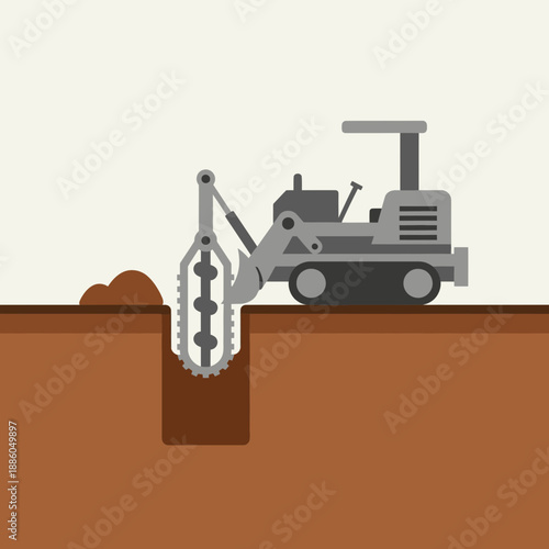 Industrial Digger Machine Excavating Earth With Auger Tool Modern Flat Vector Illustration