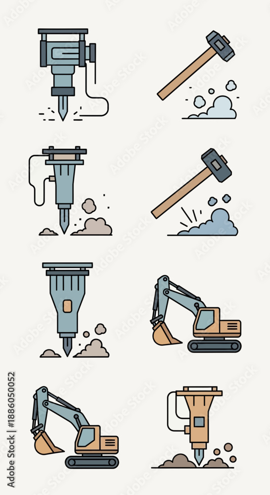 Obraz premium Heavy Industrial Construction Equipment Jackhammer Sledgehammer Excavator Icons