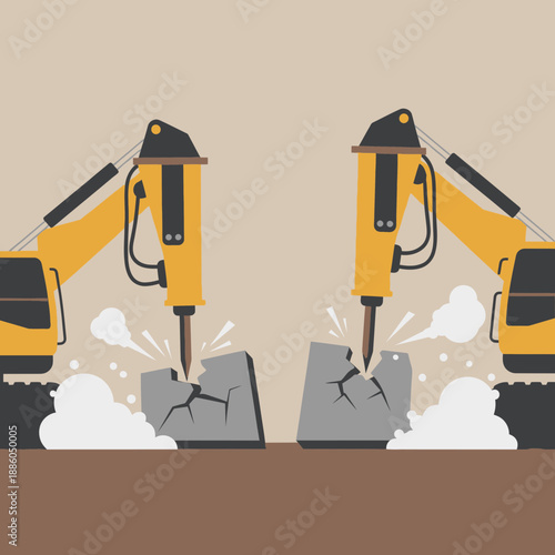 Heavy Hydraulic Jackhammers Efficiently Breaking Tough Rocks On A Construction Site Illustration