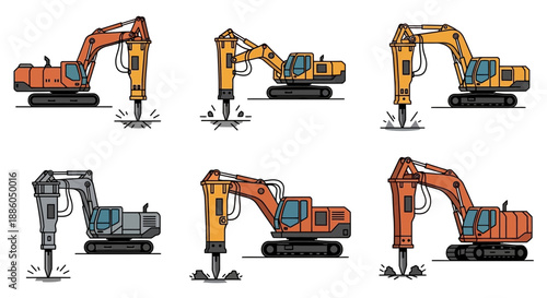 Hydraulic Hammer Excavators Collection Illustrating Demolition And Construction Work Processes