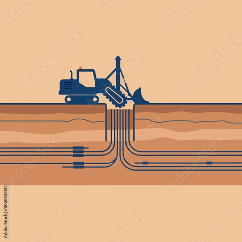Industrial Drilling Operation With Excavator And Subsurface Pipelines For Energy Extraction