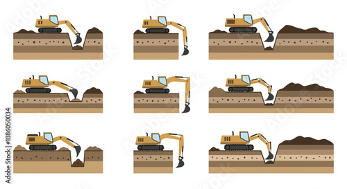 Illustrative Diagram Of Excavator Digging Earth Showing Trench Construction Process