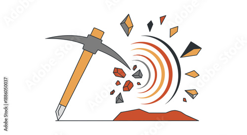 Illustrative Pickaxe Impact Generates Flying Debris And Concentric Energy Ripple Effects