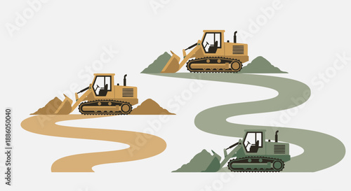 Heavy Industrial Bulldozers Efficiently Moving Earth On Diverse Construction Paths