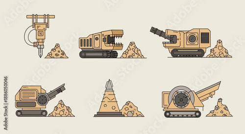 Heavy Industrial Construction And Mining Machinery Equipment Icons Vector Illustration