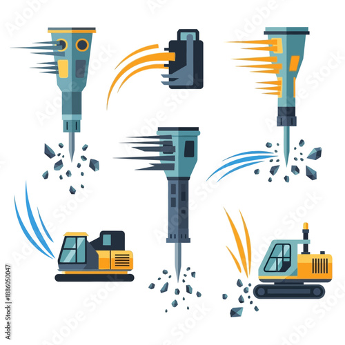 Heavy Industrial Construction Equipment And Demolition Tools Working Hard Vector Illustration Set