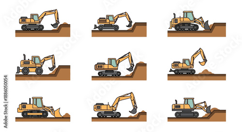 Heavy Industrial Construction Equipment Vector Set Earthmoving Machinery Digging Illustrations
