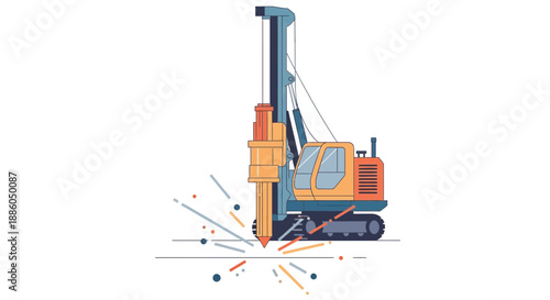 Industrial Drilling Rig Operating On Construction Site Breaking Hard Ground Efficiently