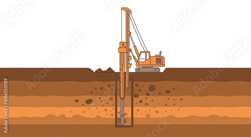 Industrial Drilling Rig Operating On Construction Site Creating Deep Hole Foundation