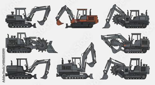Heavy Industrial Construction Machinery Equipment Vector Illustrations Set Collection