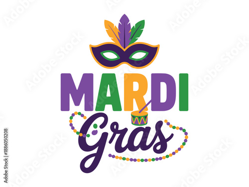 A colorful Mardi Gras logo with a mask and beads on a white background