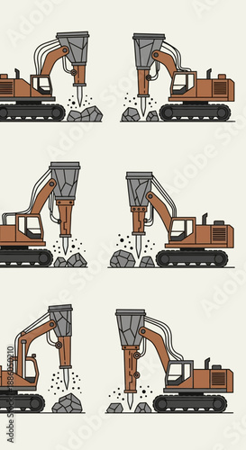 Heavy Industrial Equipment Breaking Rock Illustration Set Excavator Hydraulic Breakers Demolishing