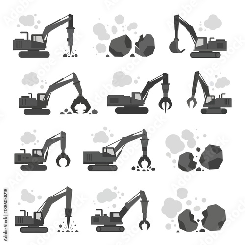 Heavy Industrial Equipment Breaking Rocks And Digging Earth Vector Collection