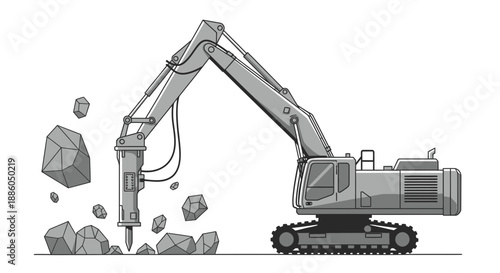 Heavy Industrial Excavator Breaking Rocks Demolition Equipment Vector Illustration Design