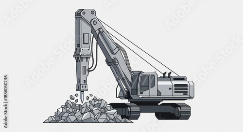 Heavy Industrial Excavator With Hydraulic Hammer Crushing Rocks For Site Preparation