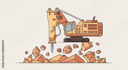 Heavy Industrial Hydraulic Breaker Excavator Demolishing Rocks At A Construction Site