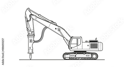 Heavy Industrial Hydraulic Breaker Excavator Vehicle Detailed Outline Vector Illustration Drawing