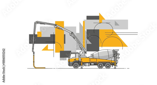 Industrial Concrete Mixer Truck Pumping Fluid Material On Site Vector Design