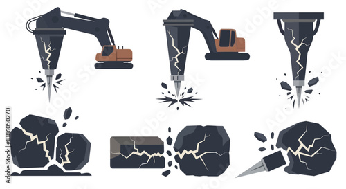 Heavy Industrial Hydraulic Hammers Crushing Tough Materials Demolition Equipment Vector