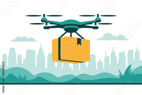 Drone Delivering Package Over Cityscape