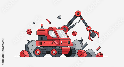 Industrial Excavator Operating Among Scattered Rocks And Rubble In Modern Style