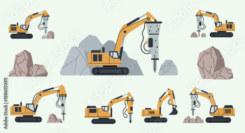 Industrial Excavator Machines Breaking Hard Rocks Vector Illustration Collection For Mining
