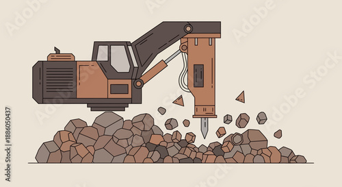 Industrial Excavator With Hammer Breaking Stone Pile For Infrastructure Development