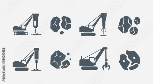 Heavy Machinery And Rock Demolition Icons Set For Industrial Construction Projects