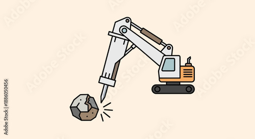 Industrial Excavator With Hydraulic Breaker Crushing Stone On Construction Site