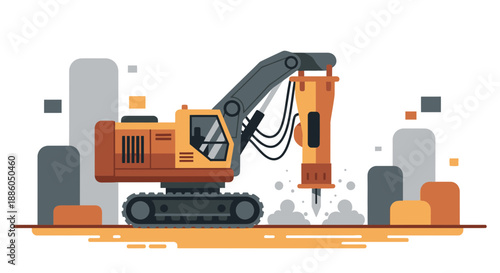 Industrial Excavator With Hydraulic Breaker Performing Site Demolition Task