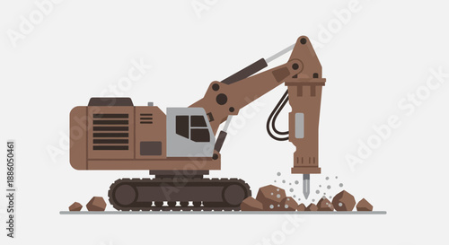 Industrial Excavator With Hydraulic Breaker Crushing Stones For Construction Projects