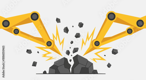 Heavy Machinery Arms Crushing Rock With Powerful Impact And Flying Debris