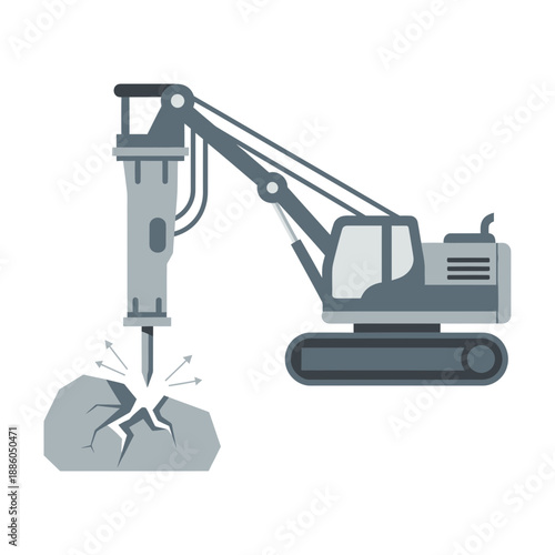 Industrial Excavator With Hydraulic Hammer Crushing Boulders For Infrastructure Development