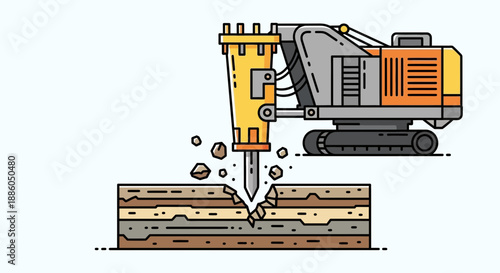 Industrial Excavator With Hydraulic Hammer Crushing Layers Of Soil Earthwork Concept