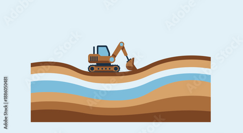 Industrial Excavator Working On Varied Soil And Water Strata For Essential Earthmoving Projects