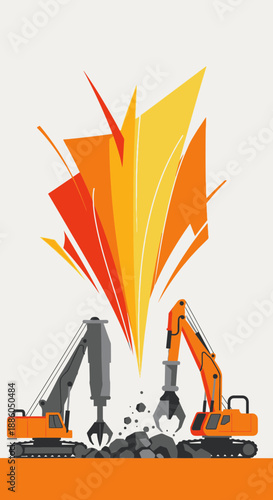 Industrial Excavators Actively Demolishing Rubble With Vibrant Abstract Energy Burst