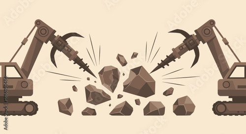 Heavy Machinery Breaking Rocks Demolition Work Concept Industrial Site Digging Operations