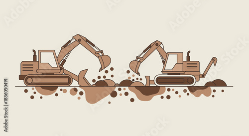 Industrial Excavators Actively Digging And Moving Earth For Development Projects