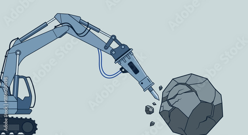 Heavy Machinery Breaking Large Rock At Construction Demolition Site Progress Work