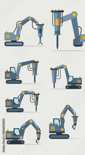 Heavy Machinery Demolition Excavator Vectors Set Industrial Construction Equipment
